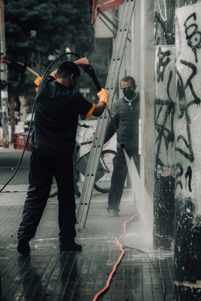 about-01 Workers cleaning graffiti off city building facade with a pressure hose.